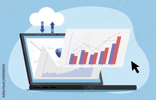 A laptop connected to cloud services, displaying data charts. It represents cloud-based data analysis, using online tools to access, process and visualize data for insights.