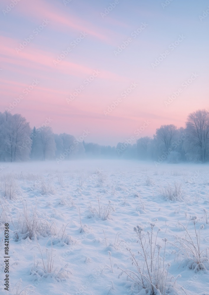 Fototapeta premium Serene winter landscape at dawn.