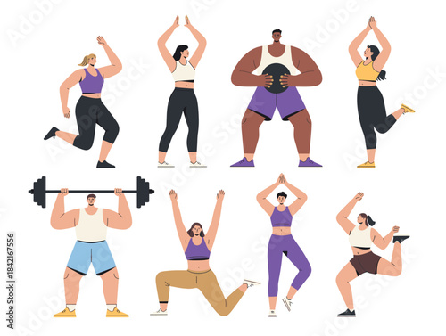 Diverse Fitness People Doing Exercise and Strength Training, Workout Set Vector Illustration.