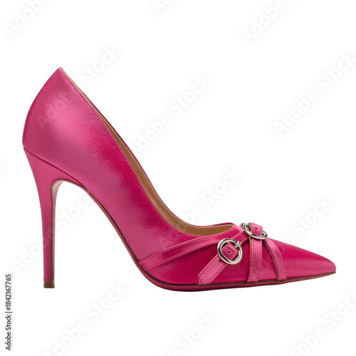 A stylish pink satin pointed toe pump with stiletto heel and buckle detail