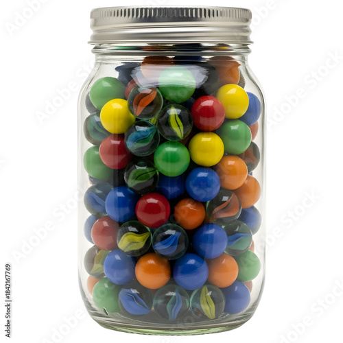 Clear glass mason jar filled to the brim with a vibrant assortment of colorful glass marbles and a silver metal lid on black