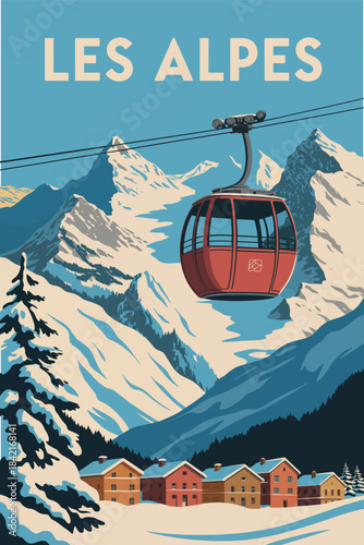 Retro Alps Ski Resort Poster with Red Gondola and Mountain Chalet
