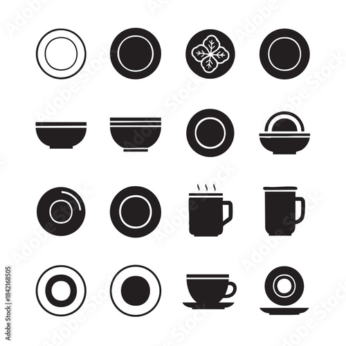 Comprehensive collection of modern minimalist dinnerware and drinkware icons showcasing various plates bowls cups and saucers in a clean design