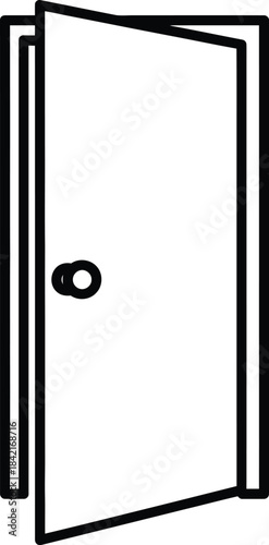 Minimalist black line art icon of a slightly open door with a visible frame and round knob.
