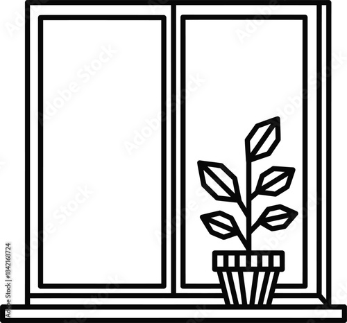 Minimalist black and white line art of a potted plant with geometric leaves on a windowsill.