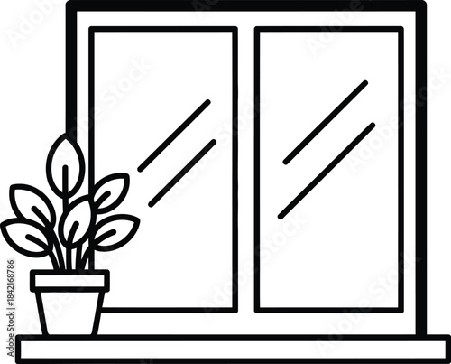 Minimalist black line art of a potted houseplant sitting on a windowsill next to a twopane window.