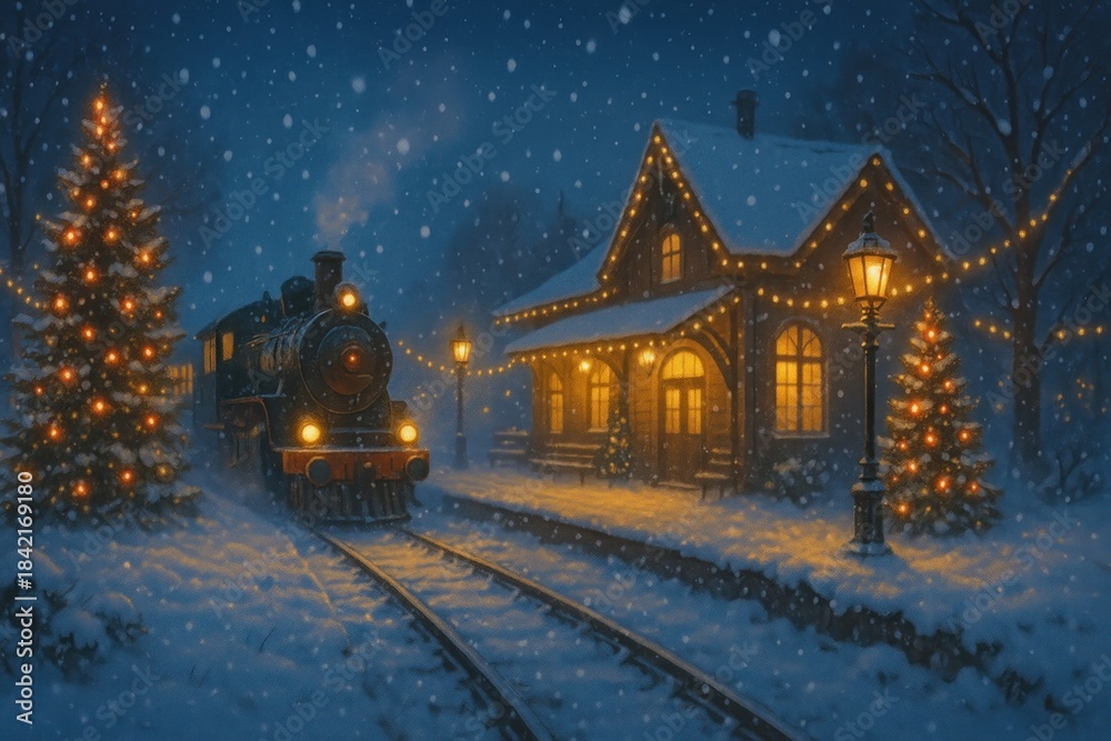 Fototapeta premium Cozy winter train scene