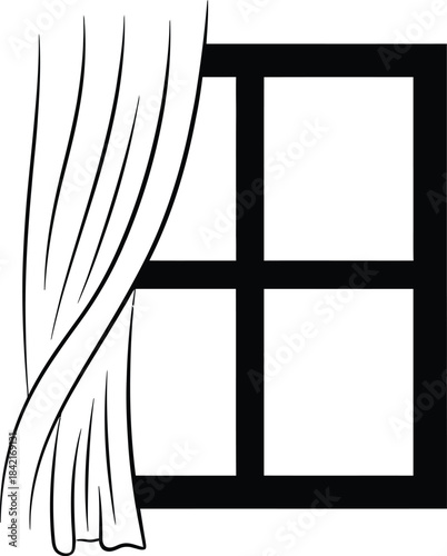 Simple black and white line art of a fourpane window with a draped curtain.