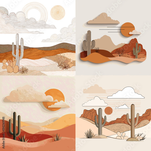 Abstract watercolor desert landscape illustration set with sun cactus hills and clouds in warm earthy tones ideal for wall art modern decor and nature inspired design.