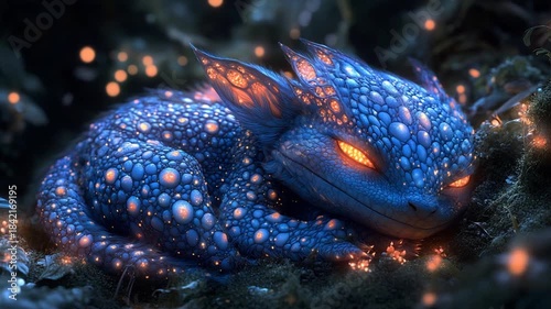 Mystical Blue Baby Dragon Sleeping in an Enchanted Forest at Night.