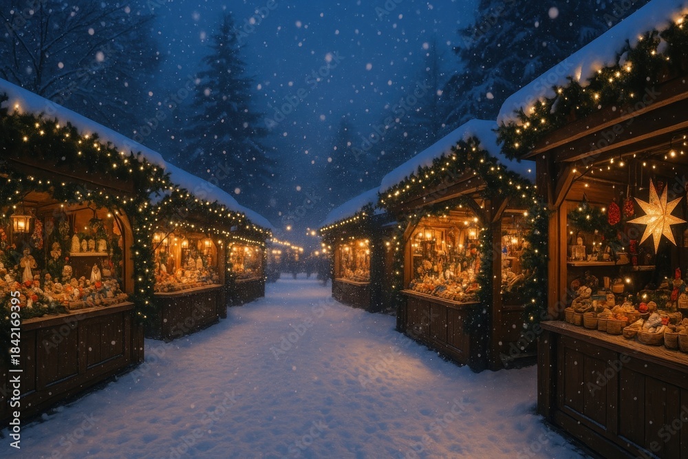 Fototapeta premium Cozy festive market under snowfall.