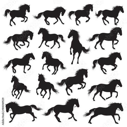 Dynamic black horse silhouettes in various running and galloping poses illustrating speed and freedom