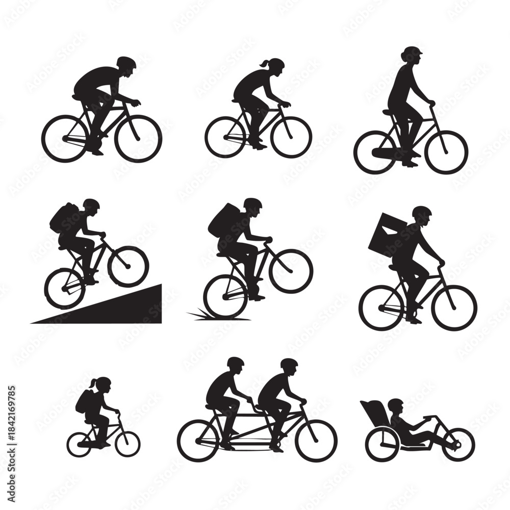 Fototapeta premium Bike rider activities silhouette: A collection of silhouette images showcasing people engaging in various cycling activities.