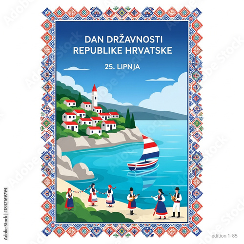 An illustration celebrating Croatian Statehood Day on June 25th, featuring a coastal village, a sailboat, and people in traditional folk costumes.