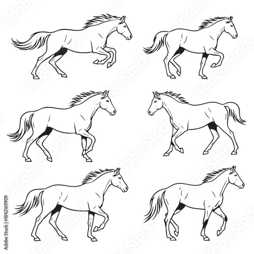 Elegant black outline running and trotting horse illustrations depicting various dynamic movements and graceful animal power
