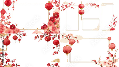 Watercolor red floral frame collection with blossoms branches and decorative borders inspired by traditional festive themes perfect for invitations greeting cards and celebration design.
