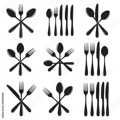 Elegant collection of black dining cutlery silhouettes including spoons forks and knives arranged in various modern patterns