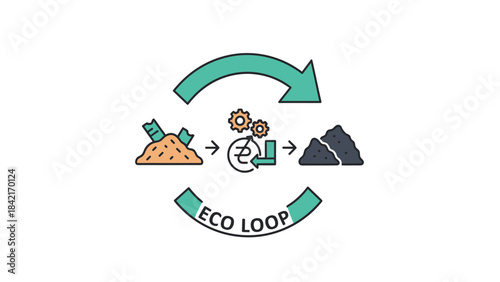 Simple graphic icon illustrating the circular economy process transforming raw materials into finished goods and back again for sustainability