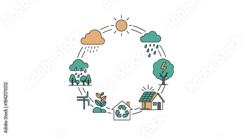 Simple line art diagram illustrating the circular flow of sustainable energy and natural resources connecting sun clouds rain trees and eco friendly homes