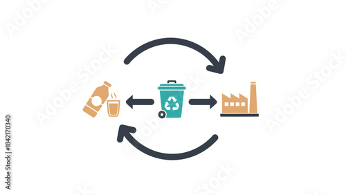 Simple graphic illustrating the circular economy process from beverage consumption to recycling and industrial reprocessing for sustainability