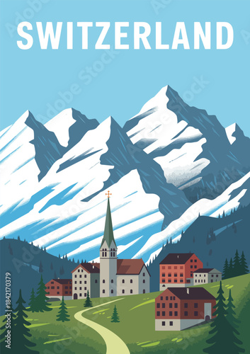 Switzerland Travel Retro Poster with Summer Alps Mountain Village Vector Illustration