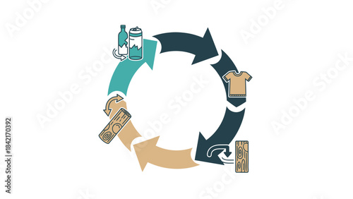 Circular economy concept illustrating the transformation of waste materials like glass bottles cans and wood into new products such as textiles