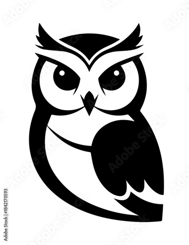 Cute cartoon vector illustration of a wild black owl with big eyes and wings on a white background