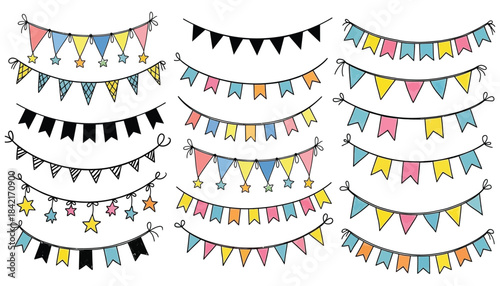 Colorful bunting flags isolated on a white background pattern