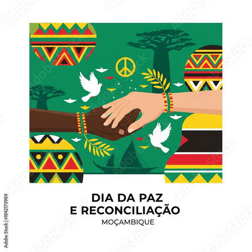Illustration of two hands, one dark-skinned and one light-skinned, shaking hands, symbolizing peace and reconciliation in Mozambique, with doves and baobab trees.