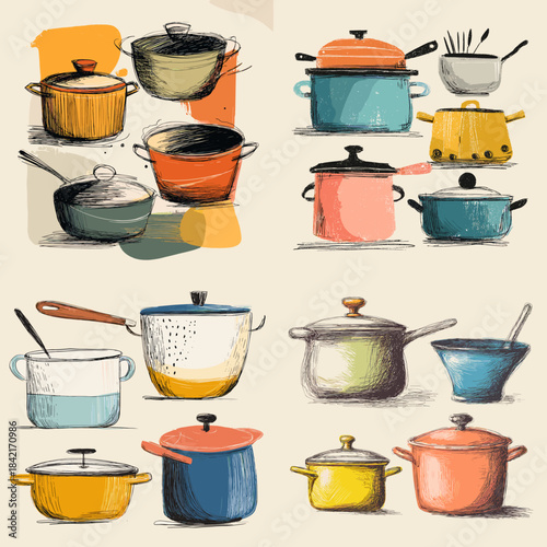 Watercolor illustration set of colorful cooking pots saucepans and kitchen cookware arranged as collection ideal for culinary design food branding and kitchen decor.