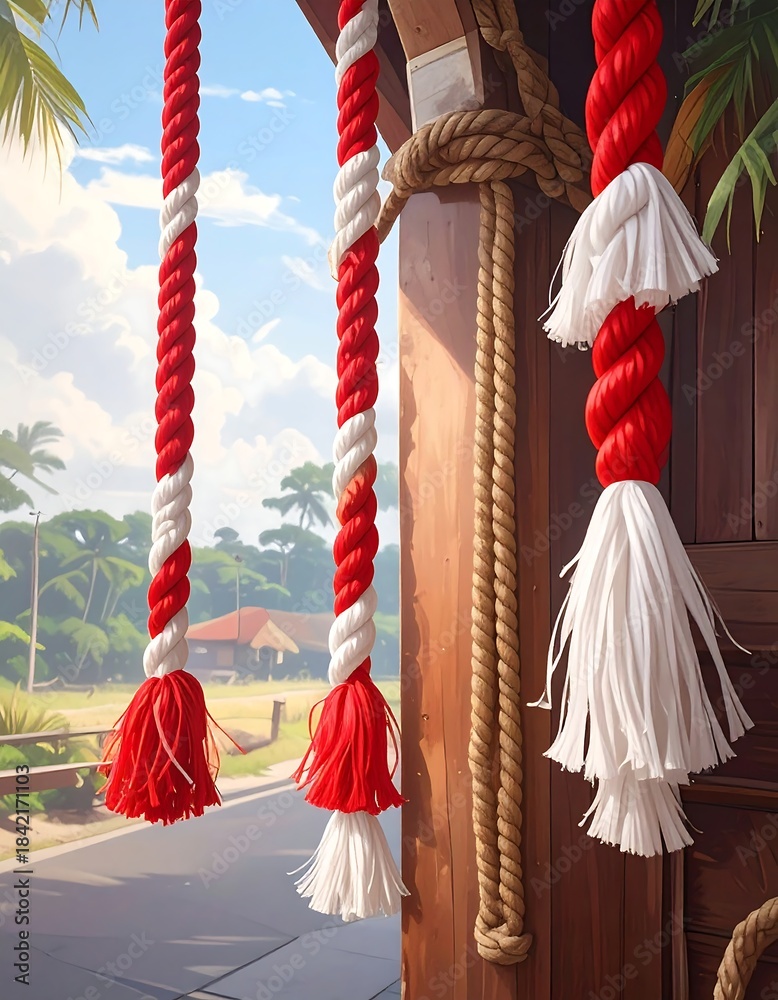 Naklejka premium Hanging red and white twisted ropes with tassels by a wooden structure