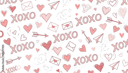 Seamless pattern of hand drawn valentine s day doodles and romantic elements