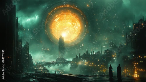 Mystical Cityscape - A Glowing Orb Illuminates the Night.