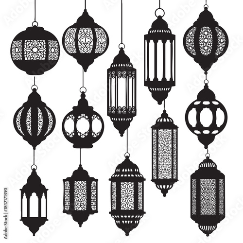 Traditional Arabic and Islamic lantern silhouettes with intricate ornamental patterns for festive holiday decorations
