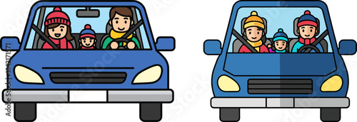 Happy family riding in a blue car during winter wearing colorful hats and scarves in an outdoor setting, isolated on a transparent background