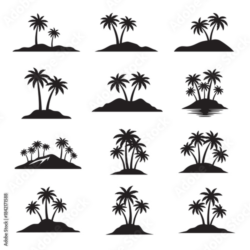Tropical Island Silhouettes: A collection of stylized tropical island silhouettes, featuring various palm trees, capturing the essence of a serene, sunny day.