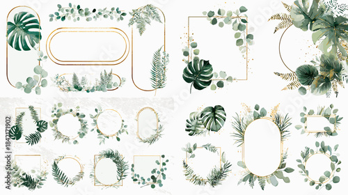 Watercolor botanical frame and wreath collection with green leaves and foliage elements designed for invitations branding stationery and elegant natural layouts.
