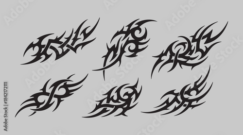 Neo Tribal Cybersigilism Shapes Collection. Set Of Y2k Cyber Sigilism Tattoo Gothic Patterns Vector Design. Streetwear Print Graphic.
