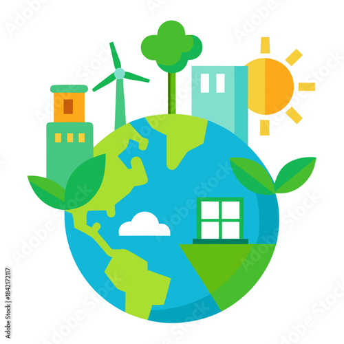 A colorful illustration of sustainable living and renewable energy sources on planet earth