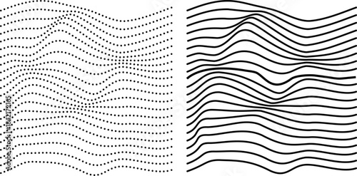 Dual Wave Pattern Set with Dotted Flow Lines and Smooth Curve Lines Abstract Black and White Minimal Geometric Layout for Posters, Branding, Backgrounds and Modern Design