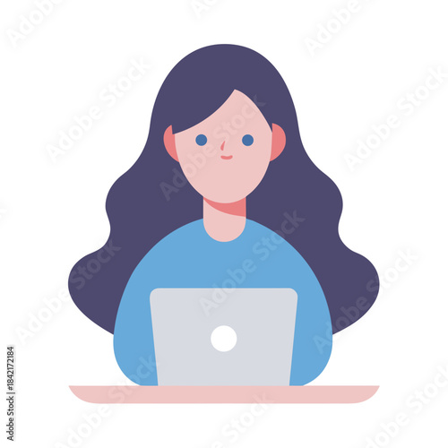 A flat design illustration featuring a young woman working remotely on her laptop