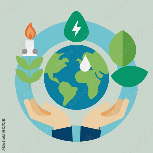 Sustainable development and resource conservation concept with icons around a globe