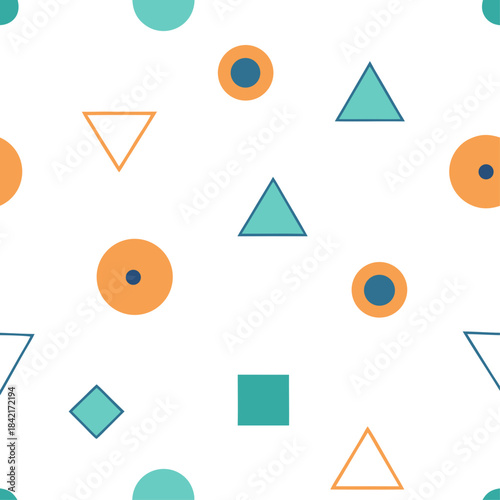 Colorful and minimalist abstract seamless pattern featuring various geometric shapes in retro colors