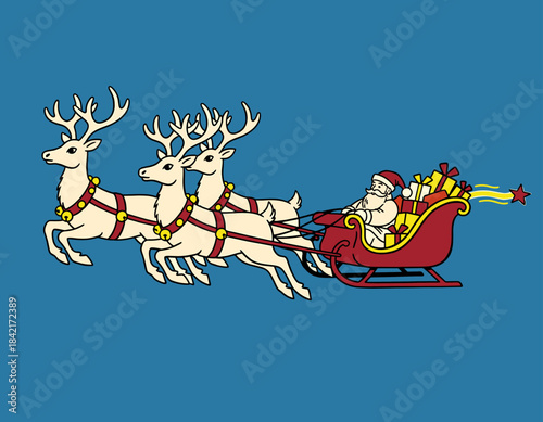 santa, claus, reindeer, flying, sleigh, city, town, village, snow, snowy, night, christmas, eve, holiday, festive, gifts, presents, winter, scene, illustration, drawing, retro, vintage, classic, graph