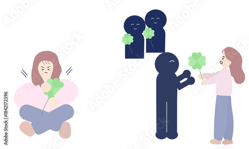 幸せを他人に渡さない女性と、他人と分かち合う女性のイラスト