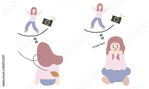 思い出をさみしく振り返る女性と、楽しく思い出す女性のイラスト