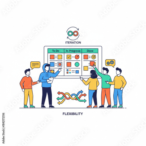 Team collaborating on a digital Kanban board for agile project management and flexibility.