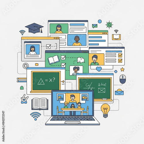 Online Education and E-learning Concept with Digital Classroom and Virtual Students.