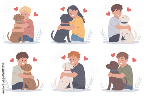 Kids Petting Dogs Vector Illustration with Happy Children