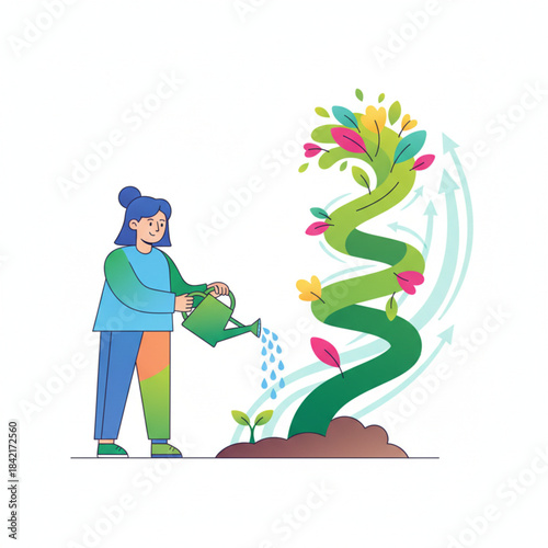 Woman watering a giant growing vine symbolizing long-term business investment and care.